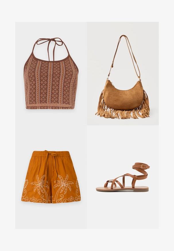 Top crop halter à motifs marron, présentant des designs géométriques avec des accents blanc cassé, des liens au cou ajustables et une finition douce et texturée.; Jupe en coton orange avec une taille élastique, ornée de designs de palmiers brodés en blanc et de motifs décoratifs en spirale le long de l'ourlet.; Sandale en cuir tanné avec un design à plusieurs sangles, boucle à la cheville et semelle plate. Elle présente une texture lisse et un style minimaliste.; Sac d'épaule en daim marron en forme de croissant avec une longue bandoulière et des franges le long des bords inférieurs sur fond blanc.