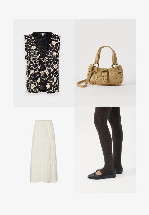 Top sans manches noir avec un décolleté en V, orné d'un motif floral en crème et d'une fermeture à nouer sur le devant. Tissu texturé avec une apparence côtelée.; Jupe maxi blanche à plusieurs niveaux, en tissu léger et texturé, dotée d'une taille élastique. Comprend trois sections de tissu distinctes.; Jambes portant des leggings côtelés foncés associés à des ballerines noires avec de petits détails en nœud sur fond blanc.; Sac à main en cuir beige avec double poignées, boucle en laiton et détails rivetés, ainsi qu'une bandoulière réglable sur fond blanc.