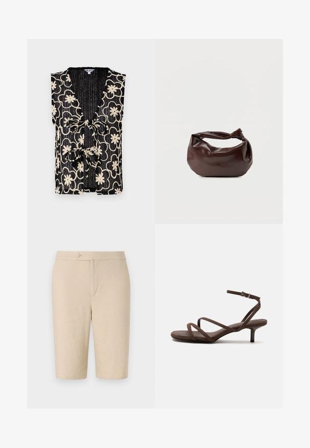 Zwarte mouwloze top met een V-hals, voorzien van een bloemenpatroon in crème en een gestrikte sluiting aan de voorkant. Gestructureerde stof met een geribbeld uiterlijk.; Beige linnen shorts met een sluiting aan de voorkant met knoop, twee zijzakken en een rechte snit, voorzien van een gladde textuur en een eenvoudig ontwerp.; Bruine sandaal met hoge hak, dunne gekruiste bandjes en een enkelbandje met een zilveren gesp op een witte achtergrond.; Donkerbruine leren schoudertas met een zachte, slungelige vorm en een gedraaide knoopvormige handgreep op een effen witte achtergrond.