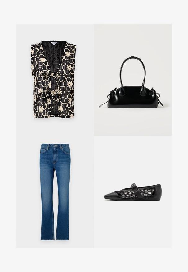 Top sans manches noir avec un décolleté en V, orné d'un motif floral en crème et d'une fermeture à nouer sur le devant. Tissu texturé avec une apparence côtelée.; Jeans en denim bleu évasés avec un design à cinq poches, braguette zippée et texture délavée. Comprend des accents de couture et une taille standard.; Chaussure plate noire avec un bout pointu, panneaux latéraux en maille et une sangle avec une boucle décorative. Fini lisse sur les sections du bout et du talon.; Petit sac à main noir brillant avec deux longues anses et des détails à cordon sur les côtés sur un fond clair uni.