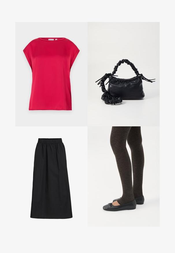 Top rojo de manga corta hecho de tela lisa con cuello redondo y ajuste holgado. Líneas limpias sin patrones ni adornos visibles.; Falda negra, hasta las rodillas, hecha de tela suave y ligera. Cuenta con una cinturilla elástica y un diseño simple y fluido sin adornos.; Piernas con leggings oscuros acanalados combinados con bailarinas negras que presentan pequeños detalles de lazo sobre un fondo blanco.; Bolso de mano de imitación cuero negro con textura de cocodrilo, parte superior fruncida y correa arrugada. Presenta un diseño suave y compacto.