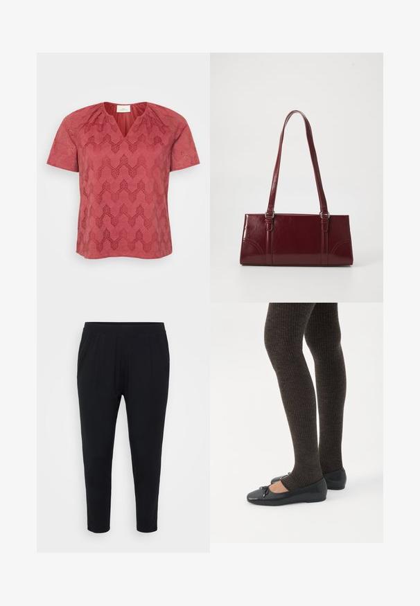 Top corto rojo de manga corta con cuello en V, que presenta un patrón de encaje geométrico texturizado en toda su superficie y detalle fruncido en los hombros.; Pantalones negros de corte relajado, con cinturilla elástica y suaves pliegues. Confeccionados en una tela suave, con piernas ajustadas y sin bolsillos.; Piernas con leggings oscuros acanalados combinados con bailarinas negras que presentan pequeños detalles de lazo sobre un fondo blanco.; Bolso burdeos hecho de material brillante, de forma rectangular, con dos asas para el hombro y sutiles acentos curvados en la parte frontal.