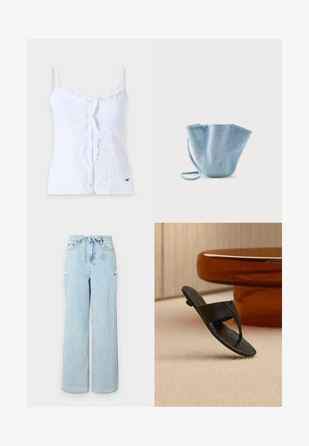 Top blanco sin mangas con botones, tirantes finos, volante a lo largo de los botones y pequeño logo bordado en la parte inferior derecha.; Jeans de mezclilla de tiro alto en un azul claro, con pierna ancha y cintura con cordón. Presentan dos desgastes en las rodillas y un dobladillo limpio. Textura suave y corte relajado.; Sandalia negra de cuero tipo tanga con tacón bajo flotando sobre una alfombra beige cerca de una mesa redonda marrón en un entorno interior minimalista.; Bolso tipo cubo de tela azul claro con correa larga, abertura superior ancha y costuras verticales cosidas, sobre un fondo blanco liso.