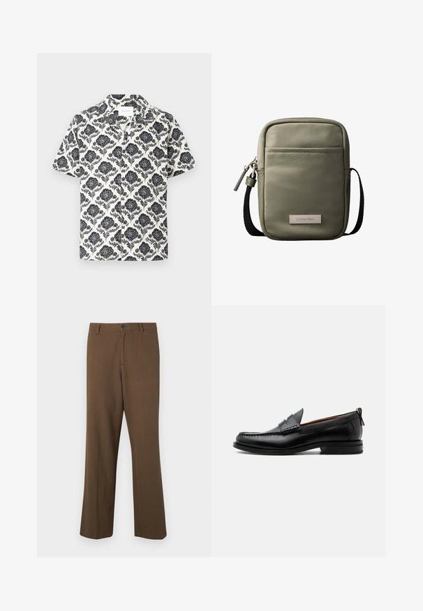 Chemise à manches courtes avec un motif floral noir sur fond crème, dotée d'un col et d'une coupe décontractée.; Pantalons marron à jambes droites en tissu texturé, avec une fermeture à bouton et une taille standard, dotés de poches latérales et de coutures ajustées.; Mocassin homme en cuir noir avec couture moc toe, bride penny, col texturé et petit talon empilé sur fond blanc.; Sac bandoulière compact vert olive avec poche avant, sangle noire réglable, fermeture zippée et plaque logo Calvin Klein.