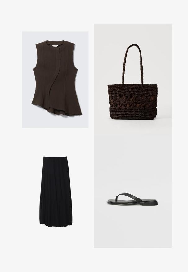 Haut sans manches en tissu marron foncé ; présente un design drapé avec un ourlet asymétrique et une texture lisse. Étiquette de marque visible à l'intérieur du col.; Jupe midi noire à volants avec une taille élastique, fabriquée en tissu doux, présentant une silhouette fluide et une texture lisse.; Tongs noires en cuir lisse, avec un design de sangle fine et une semelle plate à profil minimal. Aucun motif ou accent notables.; Sac fourre-tout tissé brun foncé avec des motifs floraux et deux longues poignées tressées sur un fond clair uni.