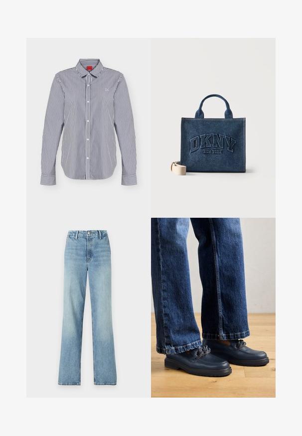 Overhemd met lange mouwen en knopen, verticale zwart-witte strepen, klassieke kraag en subtiel geborduurd logo op de borst.; Good American GOOD CARPENTER - Wide leg - indigo; Marineblauwe leren schoenen met een dikke zool en kettingdetails op de bovenkant, gecombineerd met loszittende donkerblauwe spijkerbroeken.; Denim draagtas met korte handvatten, geborduurd met "DKNY New York" aan de voorkant, en een beige afneembare schouderriem ernaast.