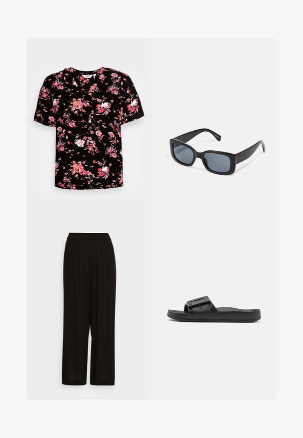 Blusa negra de manga corta con estampado floral en rosa y blanco. Presenta un escote en V y una tela suave y texturizada.; Pantalones anchos negros de tejido suave y ligero. Cuentan con una cinturilla elástica y pliegues sutiles, que ofrecen un ajuste relajado.; Chancla negra con una correa ancha, hebilla ajustable, suela plana y textura mate suave. Diseño simple sin patrones adicionales.; Gafas de sol rectangulares negras con lentes oscuros, montura de plástico grueso y patillas anchas. Superficie lisa y diseño anguloso.