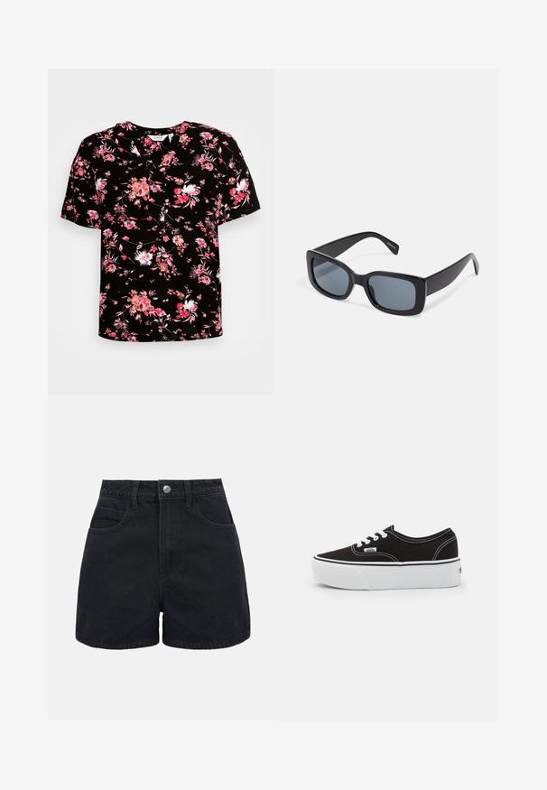Sort kortærmet bluse med blomstertryk i pink og hvid. Har en V-hals og blød, tekstureret stof.; Sorte denimshorts med høj talje, frontknap, bæltestropper og to forlommer på en ensfarvet hvid baggrund.; Sort lærred sneakers med en hvid gummi platform sål, der har hvide snørebånd og syninger, ikonisk branding på siden, lav-top design.; Sorte rektangulære solbriller med mørkt tonede linser, tyk plastramme og brede stænger. Glat overflade og kantet design.