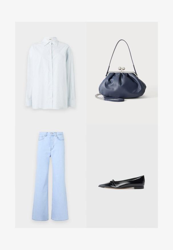 Chemise à rayures bleu clair à boutons, fabriquée dans un tissu à texture lisse ; elle possède un col classique et des manches longues avec des poignets à bouton.; Jean évasé bleu clair taille haute, doté de cinq poches, d'une fermeture à bouton et d'une texture denim lisse. Les bords sont soigneusement cousus.; Chaussure plate en cuir verni noir avec un bout pointu, une petite lanière décorative et un petit talon carré. Texture lisse et design épuré.; Sac à main en cuir bleu marine doux avec fermeture à boucle argentée, une seule bandoulière, et une chaîne de poignet amovible sur fond blanc.