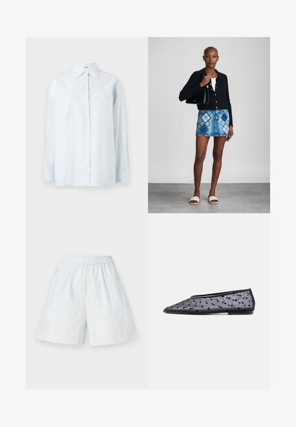 Lyseblå stribet skjorte med knapper lavet af stof med en glat tekstur; har en klassisk krave og lange ærmer med knapmanchetter.; Lyseblå stribede shorts med elastisk talje. Fremstillet af et glat stof, prydet med lodrette hvide striber og en løs pasform.; Sort flad sko med spids tå, tyndt stof og sort polkaprikket mønster på en lys baggrund.; Sort striktrøje, hvid top, denimnederdel med blå og sort diamantmønster, sort håndtaske og beige slidesandaler.
