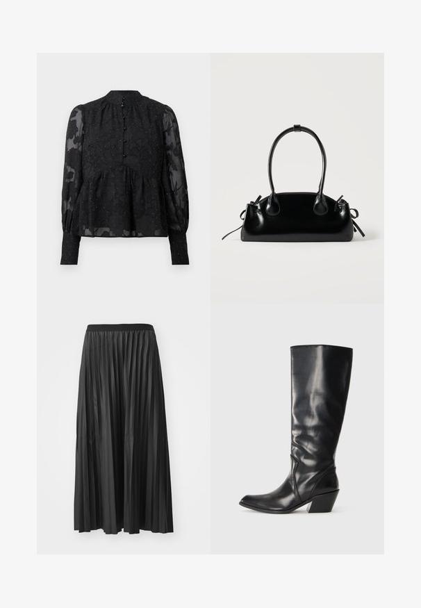 Zwarte blouse van sheer stof met bloemenborduursel en subtiele metalen accenten. Heeft een hoge hals en een knoopsluiting aan de achterkant.; Zwarte geplisseerde maxi rok met een gladde textuur en een elastische tailleband, met verticale plooien die volume en beweging creëren.; Zwarte leren hoge laars tot de knie met een spitse neus, hoekige hak en een soepele textuur. Heeft een subtiele gestikte accent langs de zijkant.; Kleine zwarte glanzende handtas met twee lange hengsels en zijkant trekkoord details op een effen lichte achtergrond.
