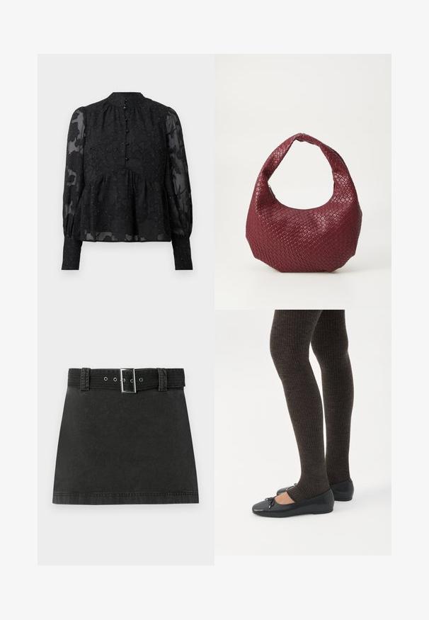 Sort bluse lavet af gennemsigtig stof med blomsterbroderi og subtile metalliske accenter. Har høj hals og knaplukning bag på.; Sort denim miniskirt med et matchende bælte, der har metalspænde og bæltestropper, præsenteret fladt på en hvid baggrund.; Ben iført mørke ribbede leggings kombineret med sorte balletsko med små sløjfedetaljer på hvid baggrund.; Vævet bordeaux håndtaske med en rund silhuet, et enkelt håndtag og en tekstureret overflade. Lynlåslukning øverst.