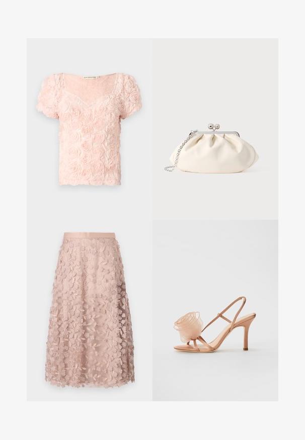 Lyserød kortærmet bluse med 3D blomstermønster af roser og en rundet V-udskæring på ensfarvet baggrund.; Blonder midi-nederdel i blød pink med blomstermotiver, der har en tætsiddende linning og lagdelt design, hvilket fremhæver en delikat struktur.; Loeffler Randall STEPH ORGANZA FLOWER - Højhælede sandaletter / Højhælede sandaler - blush; Cremefarvet stofclutch med et rynket design, sølv metalramme, to dekorative kugler og en sølvkæde som rem.