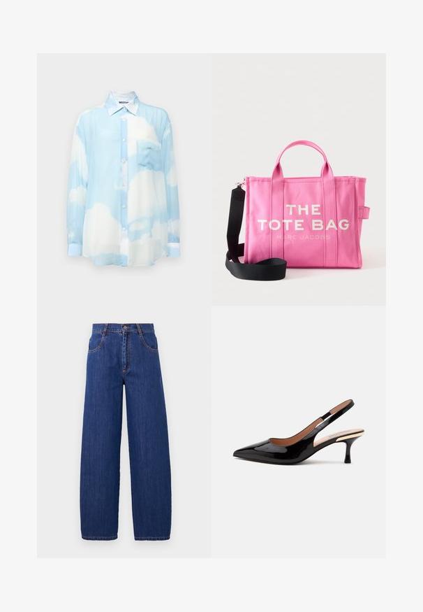 Himmelblauses, transparentes Langarmshirt mit Wolkenmuster. Verfügt über eine Knopfleiste, einen Kragen und eine linke Brusttasche. Weicher Stoff.; Weite blaue Denim-Jeans mit hoher Taille, vorne mit Taschen und orangefarbener Naht. Der Stoff hat eine glatte Textur mit einem klassischen Finish.; Schwarzer Lackleder Slingback-Pumps mit spitz zulaufender Kappe und niedrigem Katzenabsatz auf weißem Hintergrund.; Pinkfarbene Canvas-Tragetasche mit zwei Griffen und schwarzem Schulterriemen, mit weißem Schriftzug „THE TOTE BAG MARC JACOBS“ auf der Vorderseite.