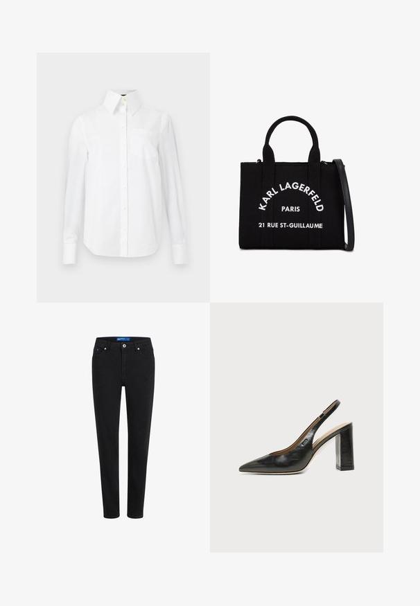 Hvid langærmet skjorte lavet af bomuld, med spidse kraver, forlommer og knaplukning foran. Glat tekstur.; Sorte denimjeans med slim fit, fem lomme-design, lynlås og metalknaplukning. Har subtil syning og en mellemhøj talje.; Sort læder peep-toe slingback sko med høj blokhæl og beige indvendig foring mod en ensfarvet lys baggrund.; Sort stof håndtaske med to top håndtag og en aftagelig skulderrem. Har hvid tekst: "KARL LAGERFELD PARIS 21 RUE ST-GUILLAUME."