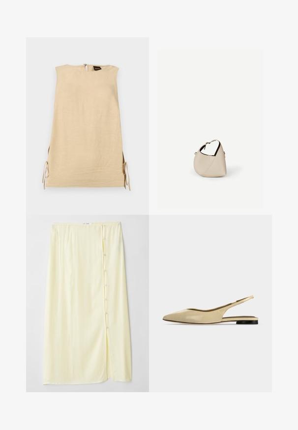 Ærmeløs beige kjole med sidelommer bundet med sløjfer, høj halsudskæring og lynlås bagpå med synligt Boss-mærke.; Lang, lys gul nederdel lavet af blødt stof med slids i siden og knaplukning, der har en glat tekstur og afslappet pasform.; Beige spids tå slingback flad sko med lav sort hæl og en glat læderfinish, vist fra siden på en ensfarvet baggrund.; Beige læder håndtaske i halvmåneform med en enkelt skulderrem og minimal syning, sat mod en ensartet hvid baggrund.