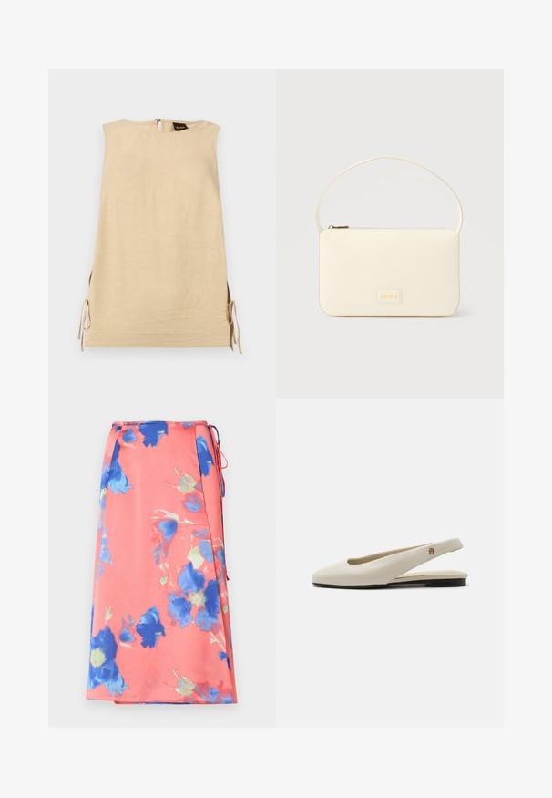 Ærmeløs beige kjole med sidelommer bundet med sløjfer, høj halsudskæring og lynlås bagpå med synligt Boss-mærke.; Blomster midi-nederdel i koralfarvet med blå og grønne mønstre. Lavet af let stof, med bånddetalje og sideslids.; Flatsko i cremefarvet læder med rundet tå og lille guldemblem på remmen.; Kremfarvet rektangulær håndtaske med en enkelt rem og lynlås øverst, med en lille præget logo-plakette foran.