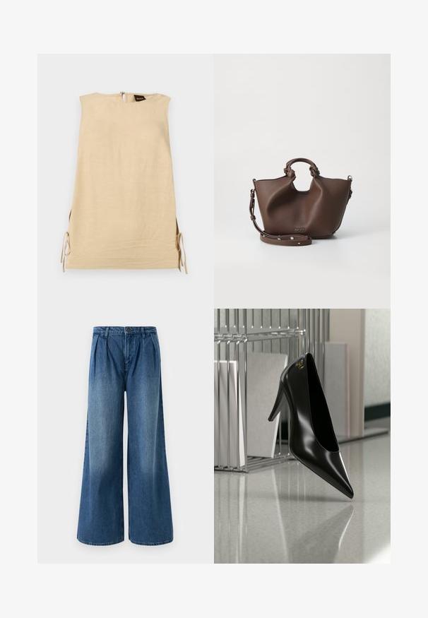Robe beige sans manches avec fentes latérales nouées par des nœuds, col montant et fermeture éclair au dos avec étiquette de la marque Boss visible.; Jeans évasés en denim bleu moyen, avec des plis au niveau de la taille et un design à plat à l'avant. Ourlet simple sans embellissements visibles.; Chaussure noire à talon haut avec bout pointu et logo doré, posée sur une surface réfléchissante près d'un organiseur de dossiers en fil chromé contenant des documents.; Sac en cuir marron avec une forme structurée, poignées courtes et bandoulière longue amovible. Présente une surface texturée et un branding subtil à l'avant.