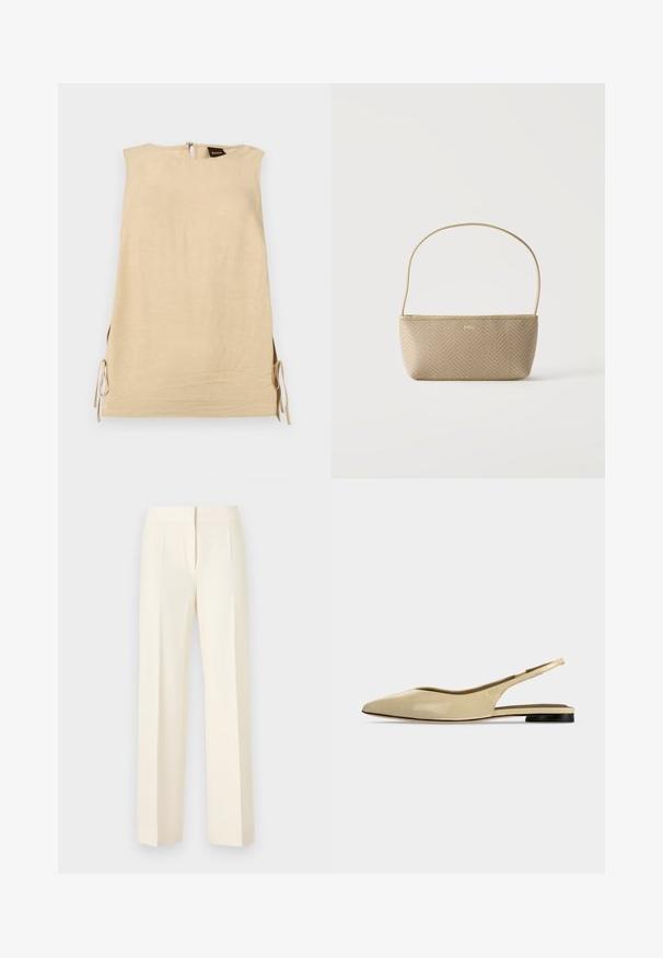 Robe beige sans manches avec fentes latérales nouées par des nœuds, col montant et fermeture éclair au dos avec étiquette de la marque Boss visible.; Pantalon droit sur mesure couleur blanc cassé avec pli avant, ceinture et fermeture avant dissimulée sur un fond uni.; Chaussure plate beige à bout pointu avec bride arrière, petit talon noir et finition en cuir lisse, vue de côté sur un fond uni.; Sac à main tissé beige avec fine bandoulière et petit logo doré "BOSS" à l'avant, présenté sur fond blanc uni.