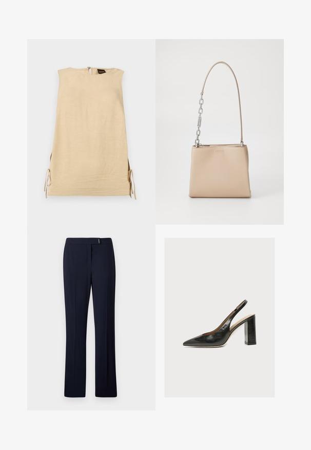 Mouwloze beige jurk met zijsplitten, gestrikt met strikjes, een hoge halslijn en een ritssluiting aan de achterkant met zichtbaar Boss merklabel.; Navyblauwe op maat gemaakte broeken van een gladde stof, met een platte voorkant, rechte pijpen en een subtiele zilveren accent bij de taille.; Zwarte leren dames slingbackpumps met spitse neus en dikke hoge blokhak op witte achtergrond.; Beige leren handtas met een gladde textuur, voorzien van een zilveren kettingaccent op het handvat en een ritssluiting. "HUGO" is op de voorkant hotstempeld.