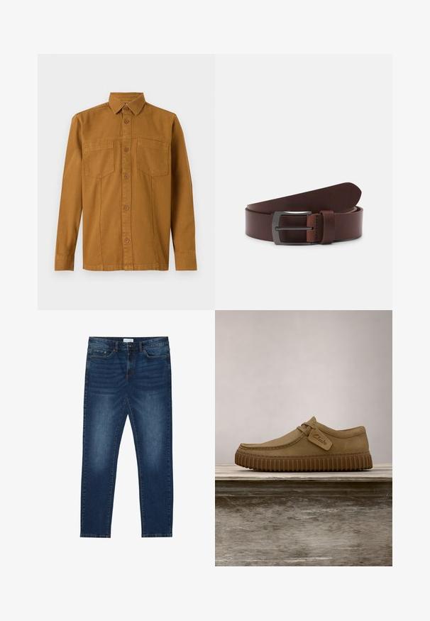 TOM TAILOR Overhemd - deep cognac; Donkerblauwe slim-fit jeans met vervaagde details, klassiek vijf-pocket ontwerp, knoopsluiting en riemlussen.; Lichtbruine suède schoenen met een ronde neus, gestikte details en een geribbeld bruine rubberen zool. Bevat een zijlabel met het "Clarks" logo.; Bruine leren riem met een gladde textuur, voorzien van een gebogen punt en een rechthoekige metalen gesp in een donkere afwerking.