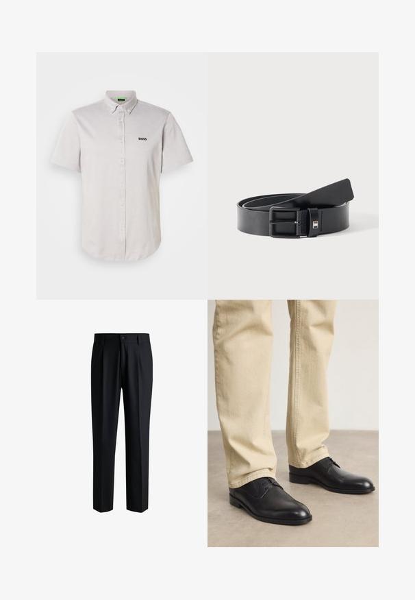Korte mouwen, lichtgrijs poloshirt gemaakt van gestructureerde stof, met een button-down kraag, knopen aan de voorkant en een klein zwart logo.; Zwarte broek van gladde stof, met een rechte pijpdesign, plooien aan de voorkant en een knoopsluiting met riemlussen.; Zwarte leren veterschoenen met een ronde neus, een gladde afwerking en subtiele stikdetails, gedragen met lichtbeige broeken.; Zwarte leren riem met matte zwarte metalen gesp, licht opgerold met het uiteinde van de band rustend op een wit oppervlak.