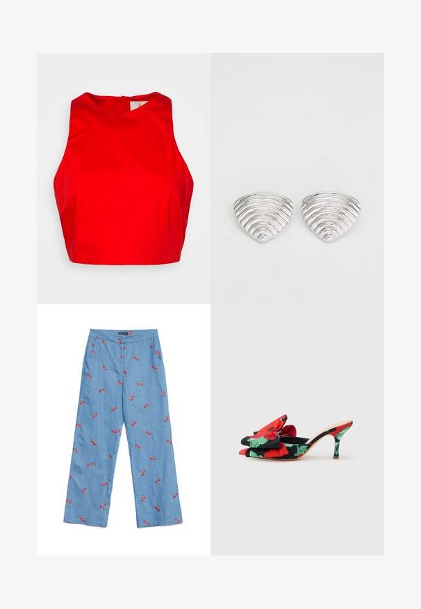 Sara Battaglia CROP - Top - aperol; Svetlomodré džínsy s červenou výšivkou čerešní po celej dĺžke, široký strih nohavíc a plochý pás s vreckami.; Dámske lodičky bez päty na vysokom opätku z čiernej látky s červeným a zeleným kvetinovým motívom, zdobené veľkou mašľou na prednej strane a zužujúcou sa špicatou špičkou.; Strieborné náušnice s vlnitým, textúrovaným dizajnom v tvare prekrývajúcich sa polmesiacov; leštený povrch zvyšuje odrazové vlastnosti.