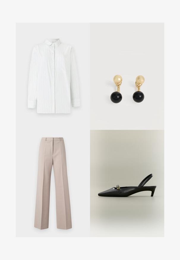 Chemise blanche à manches longues avec des rayures verticales bleues claires. Dotée d'un col pointu, d'une poche frontale et d'une fermeture à boutons. Texture lisse.; Pantalons beige à jambes larges en tissu lisse, avec une taille haute, des plis avant et une silhouette ajustée.; Escarpin slingback en cuir noir avec talon kitten, bout pointu et petite boucle dorée sur un fond uni.; Boucles d’oreilles clous en or avec une barre courte reliant une perle sphérique noire brillante plus grande, présentées sur un fond blanc.