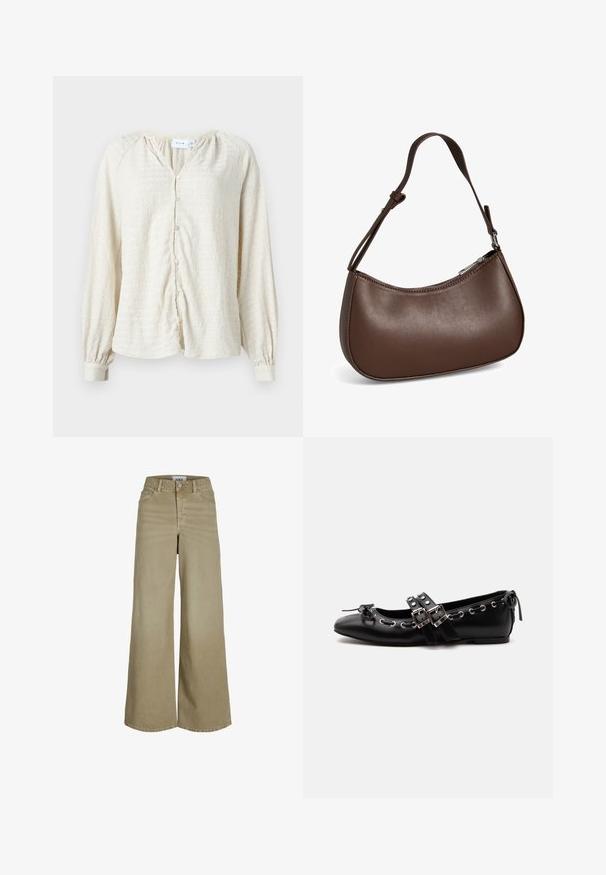 Blusa de manga larga de textura crema con botones en la parte delantera y puños con elasticidad, que presenta un cuello en V y hombros fruncidos.; Jeans de pierna ancha color beige con cintura alta, costuras detalladas, cinco bolsillos y un cierre de botón clásico en la parte delantera.; Zapato de ballet plano negro con correas de doble hebilla, ojales plateados y un pequeño lazo cerca de la puntera redondeada sobre un fondo blanco.; Pequeño bolso bandolera de cuero marrón con correa ajustable y cierre de cremallera, mostrado sobre un fondo blanco. Sin logotipos ni adornos visibles.