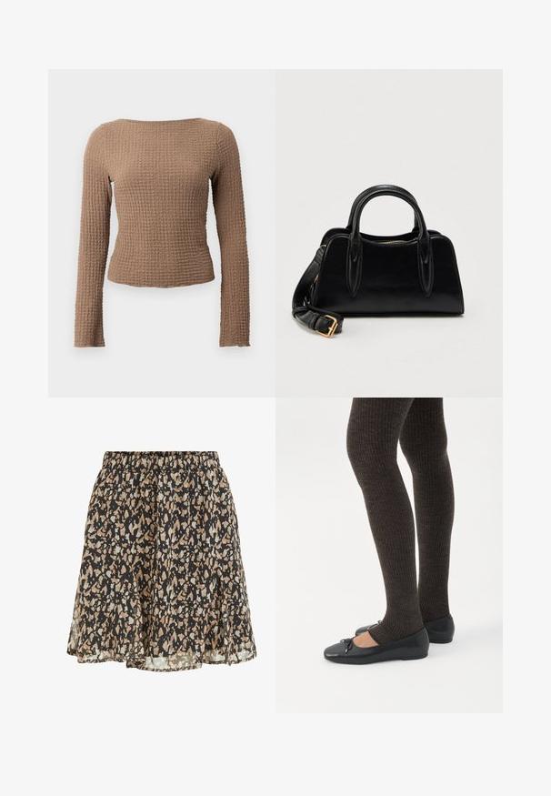 Top ajustado de manga larga texturizado en marrón con escote barco y un sutil patrón de punto waffle.; Falda negra con manchas irregulares beige y gris claro, cintura elástica y un dobladillo suelto y ligeramente acampanado.; Piernas con leggings oscuros acanalados combinados con bailarinas negras que presentan pequeños detalles de lazo sobre un fondo blanco.; Bolso de cuero negro con doble asa y una correa de hombro desmontable con hebilla dorada, sobre un fondo blanco liso.