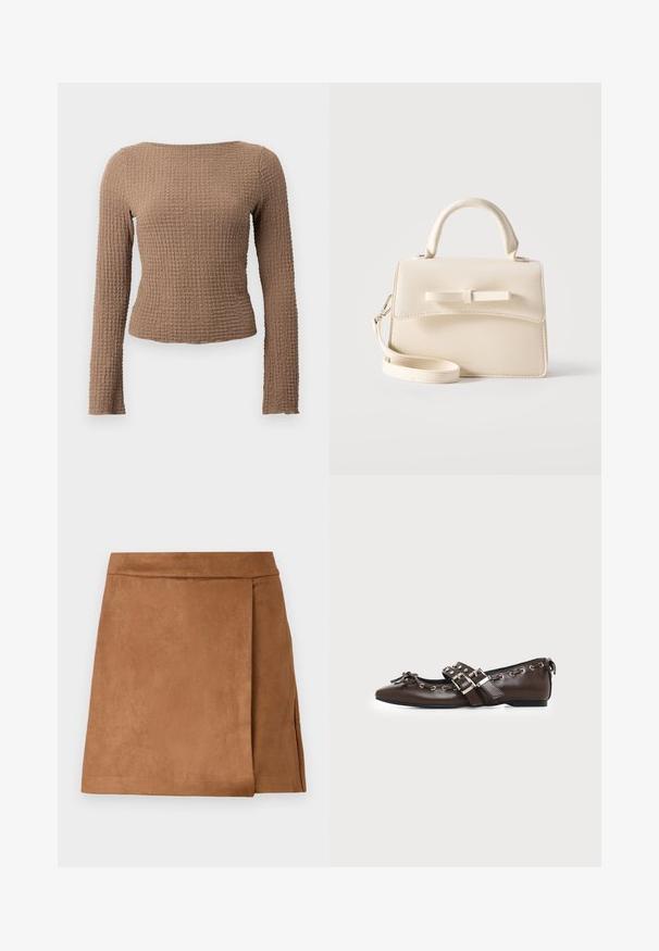 Haut ajusté en jersey marron à manches longues avec un col bateau et un subtil motif en maille gaufrée.; Jupe mini en daim marron avec un design enveloppant, présentant une texture lisse et une finition propre à l'ourlet. Pas de matériel ou d'accents visibles.; Chaussure plate en cuir marron foncé avec bout pointu, doubles brides à boucles argentées, œillets métalliques et nœud décoratif à l'avant.; Petit sac à main beige avec poignée supérieure, bandoulière amovible, rabat avant et nœud horizontal décoratif sur un fond uni.
