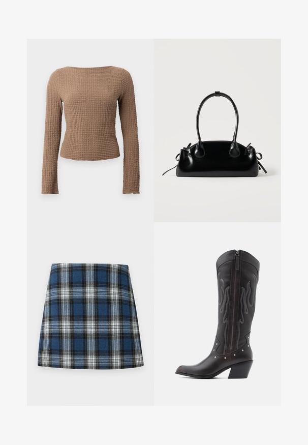 Haut ajusté en jersey marron à manches longues avec un col bateau et un subtil motif en maille gaufrée.; Jupe en tartan bleu présentant un motif à carreaux varié en bleu, noir et blanc. Fabriquée dans un tissu texturé avec une silhouette ajustée.; Bottes de cowboy en cuir marron avec surpiqûres en forme de flammes, fermeture éclair latérale, clous argentés, bout pointu et talon superposé.; Petit sac à main noir brillant avec deux longues anses et des détails à cordon sur les côtés sur un fond clair uni.