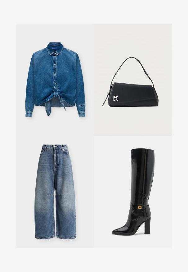 Blå denim langærmet skjorte med krave, knude foran på skørtet og "Karl Lagerfeld Jeans" broderet på manchet på venstre ærme.; Blå cowboybukser med høj talje og vide ben med forlommer, bæltestropper og knaplukning på hvid baggrund.; Knæhøje sorte patentlæderstøvler med spids tå, guld hardware detaljer og en chunky hæl. Glat, skinnende overflade med minimal pynt.; Sort lædertaske med en tynd rem, trekantet klaplukning og sølv dekorativt 'K' detalje på det forreste hjørne.