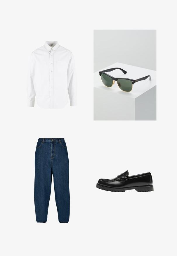 Chemise blanche à manches longues avec poche avant, col boutonné et étiquette de marque visible à l'intérieur du col.; Jean en denim bleu foncé avec une coupe décontractée, taille haute et poignets élastiques. Il dispose d'une fermeture à bouton à l'avant et de cinq poches.; Mocassin en cuir noir avec une semelle en caoutchouc épaisse et un détail classique de bride à monnaie, vu de côté extérieur.; Lunettes de soleil Ray-Ban avec des verres verts, monture en plastique noir et accents dorés sur les bords. Forme carrée avec une finition mate.