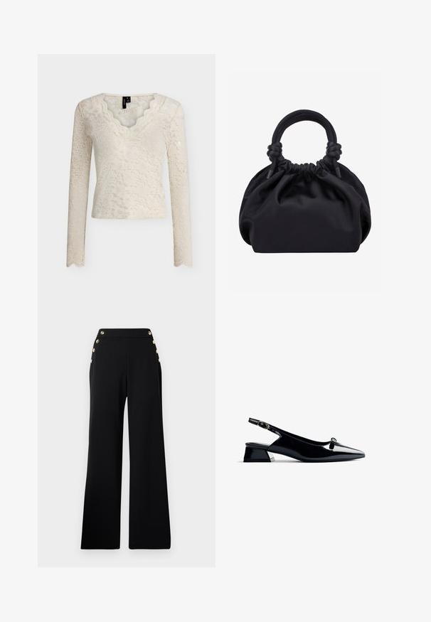 Top de encaje crema de manga larga con escote en V con borde festoneado y patrón floral en todo el tejido, mostrado sobre un fondo liso.; Pantalones de pierna ancha de talle alto en negro con botones dorados en la parte delantera y bolsillos en ambas caderas sobre un fondo blanco.; Zapato slingback negro de charol con punta afilada y tacón bajo cuadrado, con un detalle en plata. Diseño elegante con un mínimo de adornos.; Bolso de mano de tela negra suave con parte superior fruncida y asas acolchadas circulares atadas con nudos a cada lado.
