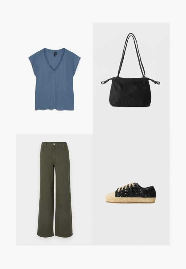 Blouse bleue à manches courtes avec col en V orné de dentelle et coupe ample, présentée à plat sur fond blanc.; Jean large vert olive en denim, avec un design classique à cinq poches et une fermeture à bouton à l'avant. Texture lisse, sans motifs.; Baskets noires à sequins avec une semelle en jute tissé beige. Elles présentent un bout arrondi et des lacets beige clair, alliant un tissu texturé et des matériaux doux.; Sac bandoulière en denim noir avec doubles sangles en corde et extrémités nouées de chaque côté, posé sur un fond blanc uni.