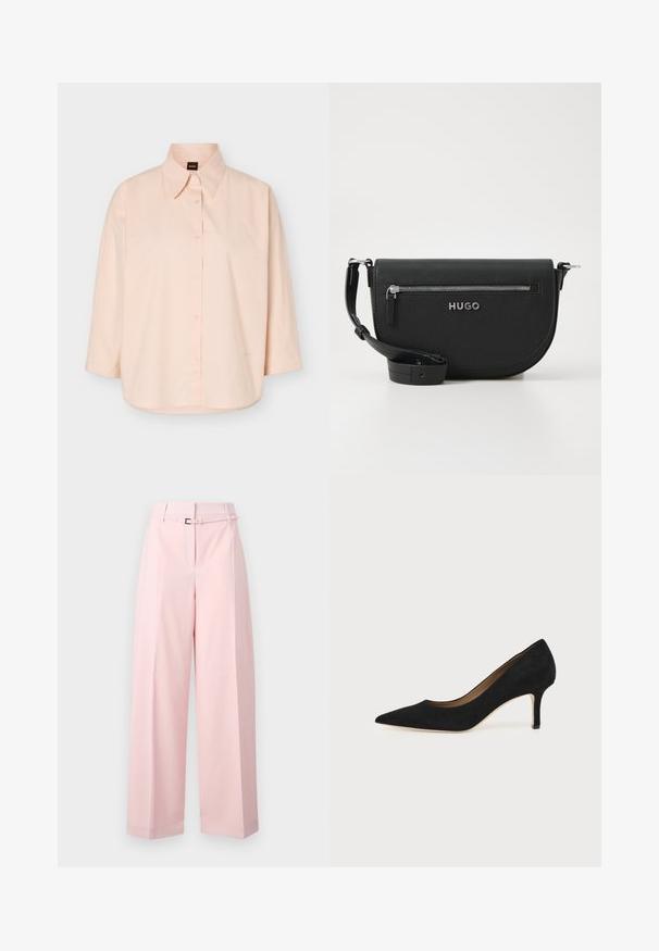 Camisa de botones color rosa claro con mangas largas, cuello puntiagudo y una etiqueta negra con letras naranjas "BOSS" en el interior del cuello.; Pantalones de pierna ancha en rosa suave, con cintura alta, cinturón con hebilla plateada y pliegues sutiles para añadir estructura.; Salón de ante negro con punta puntiaguda, tacón de aguja delgado de altura media y diseño de corte bajo sobre un fondo liso.; Bolso cruzado de cuero negro con forma redondeada, bolsillo con cremallera plateada y un logotipo de marca. Presenta una correa ajustable para mayor versatilidad.