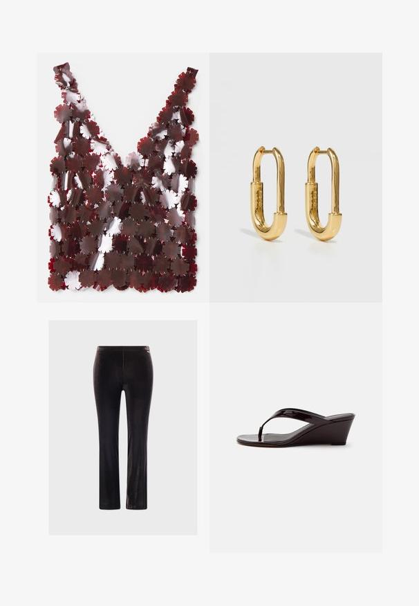 Top en V en pétales superposés et brillants de couleur bordeaux, reliés par des éléments en métal argenté, avec une surface texturée et un design léger.; Pantalons en velours noir à coupe slim, présentant une texture lisse et un subtil éclat, sans matériel visible ni motifs.; Sandale compensée en cuir verni marron avec bride entre les orteils et bout ouvert, vue de profil sur un fond uni.; Boucles d'oreilles en métal doré en forme d'ovale allongé, avec une surface lisse et polie et un petit charnière pour l'attache.