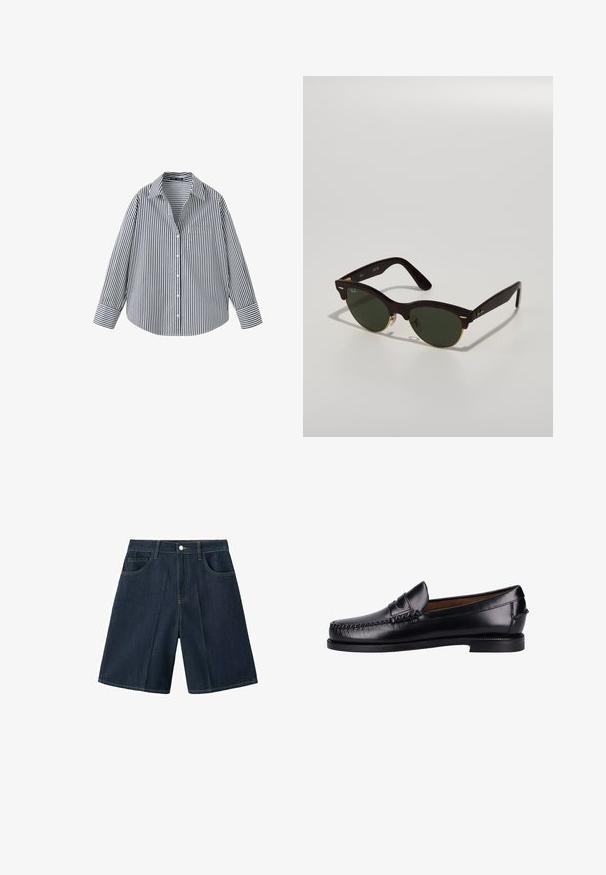 Chemise à manches longues boutonnée avec des rayures verticales noires et blanches et une poche frontale sur fond blanc.; Shorts en denim bleu foncé avec poches avant, passants pour ceinture et fermeture à bouton, présentés sur fond blanc.; Mocassins en cuir noir avec une finition lisse, un bout rond, des coutures décoratives et un talon bas. Le design est minimaliste, sans éléments de quincaillerie visibles.; Lunettes de soleil en écaille de tortue avec des verres verts, de forme vintage, accents en métal doré fins, et un design de monture élégant.