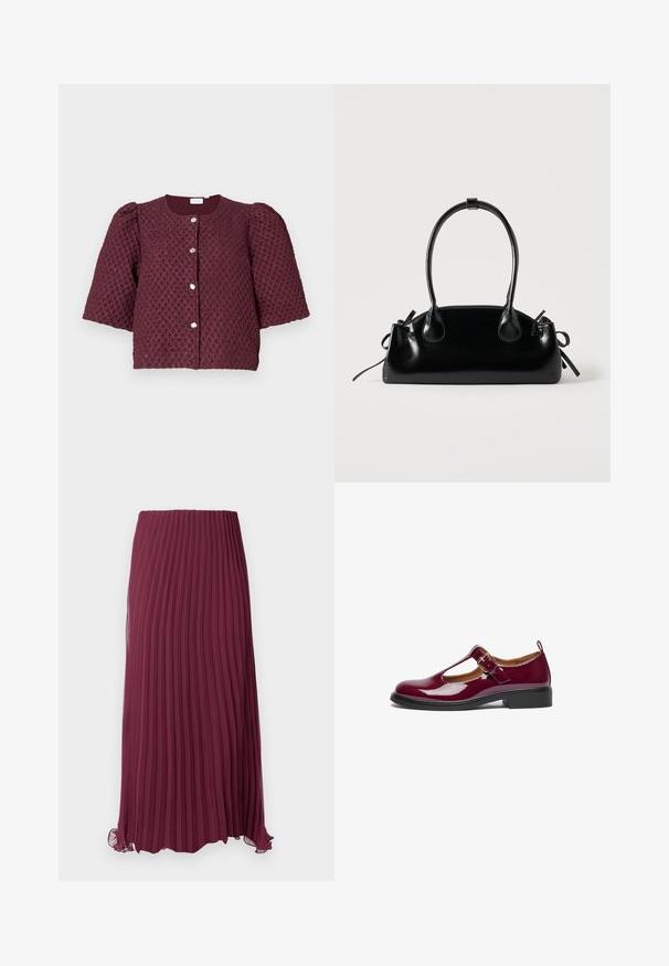 Veste texturée bordeaux courte avec des manches bouffantes et quatre boutons en argent à l'avant sur un fond clair.; Jupe plissée longue bordeaux en tissu léger avec une taille élastique et un ourlet légèrement ondulé. Plis verticaux texturés sur toute la surface.; Chaussure Mary Jane en cuir verni bourgogne avec un bout arrondi, une bride T, une boucle ajustable et un petit talon carré. Texture lisse et design simple.; Petit sac à main noir brillant avec deux longues anses et des détails à cordon sur les côtés sur un fond clair uni.