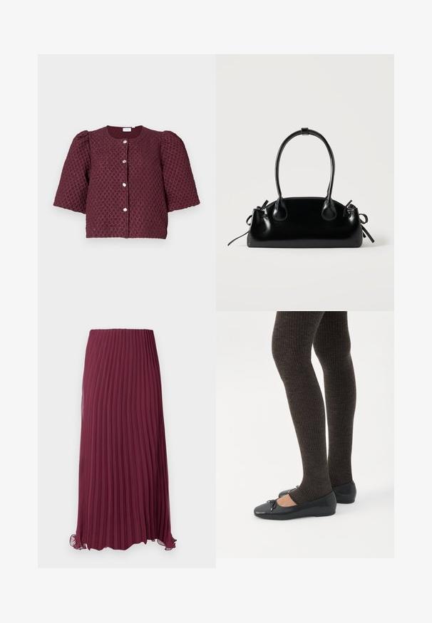 Korte bordeaux gekleurde textuurjacket met opbollende mouwen en vier zilveren knopen aan de voorkant tegen een lichte achtergrond.; Lange bordeauxrode geplooide rok van lichtgewicht stof met een elastische tailleband en een licht gerimpelde zoom. Geweven verticale plooien door de hele rok.; Benen met donkere geribbelde leggings gecombineerd met zwarte ballerina's met kleine strikdetails op een witte achtergrond.; Kleine zwarte glanzende handtas met twee lange hengsels en zijkant trekkoord details op een effen lichte achtergrond.