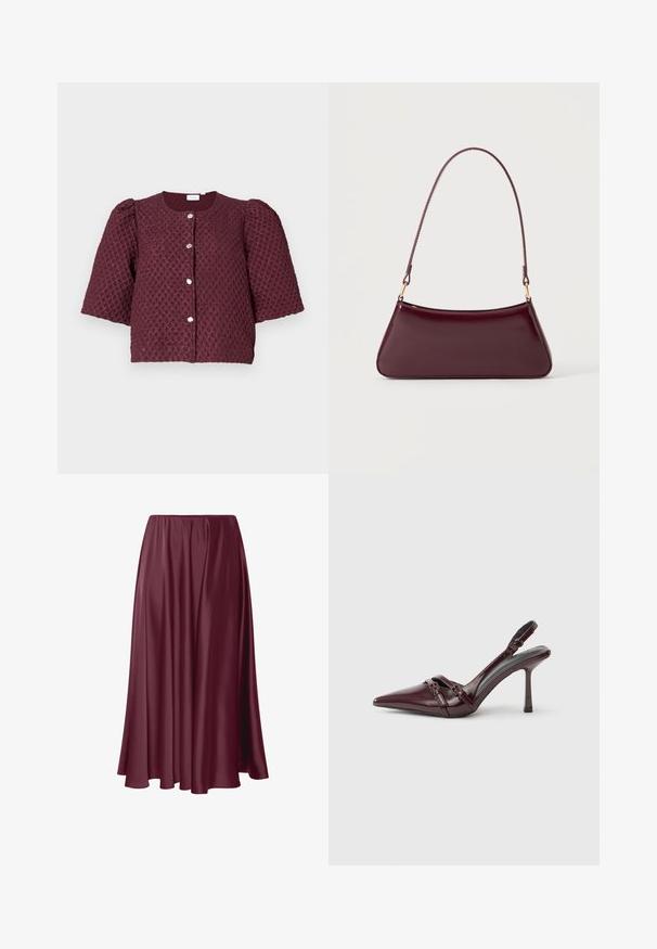 Korte bordeaux gekleurde textuurjacket met opbollende mouwen en vier zilveren knopen aan de voorkant tegen een lichte achtergrond.; Bordeaux lange rok van soepele, glanzende stof met een vloeiende uitstraling en een elastische tailleband. Geen patronen of accenten aanwezig.; Bordeauxrode lakleren slingback met puntige neus, dunne enkelband en kleine decoratieve gespsluiting. Gladde textuur en hoge hak.; Donker bordeaux glanzende handtas met een enkele dunne handgreep en een slanke trapeziumvorm op een effen lichte achtergrond.