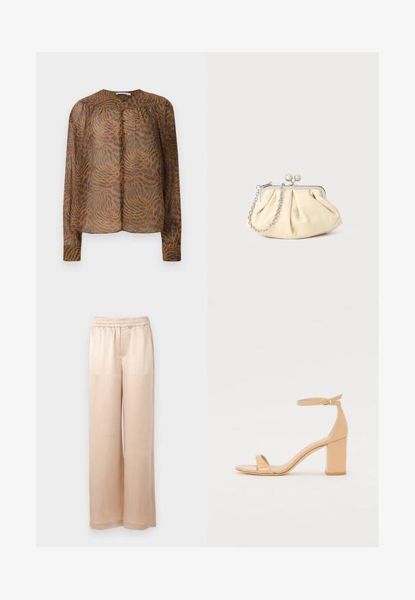 Blouse à manches longues imprimée animal brun et noir avec des boutons recouverts de tissu et un col arrondi sur un fond blanc.; Pantalons larges de couleur beige clair en tissu lisse avec une taille élastique et des coutures minimales, présentant une coupe droite et sans poches.; Sandales à talons en cuir verni nude avec un orteil carré, une sangle à la cheville et un talon bloc chunky. Texture lisse et détails de design minimalistes.; Pochette en cuir beige plissé avec un cadre en métal argenté, dotée de deux fermoirs ronds décoratifs et d'une chaîne en argent.