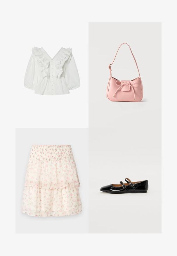 Chemisier blanc avec un décolleté en V profond, des manches bouffantes et des détails volantés à l'avant. Fabriqué en coton avec une fermeture à boutons et des accents texturés.; Jupe florale en couches fabriquée en tissu léger. Dotée d'une taille smockée, de fleurs roses et d'un fond crème avec une texture douce et transparente.; Ballerine plate en cuir verni noir avec un bout pointu, deux brides ajustables avec boucles, et une semelle plate. Texture lisse avec une finition brillante.; Petit sac bandoulière rose pastel avec sangle réglable et détail nœud à l'avant avec extrémités dorées sur un fond uni.