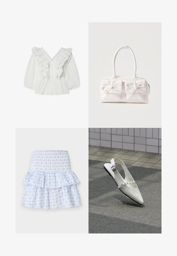 Chemisier blanc avec un décolleté en V profond, des manches bouffantes et des détails volantés à l'avant. Fabriqué en coton avec une fermeture à boutons et des accents texturés.; Jupe blanche avec motif floral géométrique bleu, taille smockée et design à volants superposés.; Chaussure plate slingback blanche pointue avec deux boucles argentées, présentée en extérieur sur un sol texturé et un mur carrelé en arrière-plan.; Sac à main synthétique blanc avec deux poches avant, chacune ornée d'un nœud noué. Texture lisse, anses arrondies et fermeture zippée.