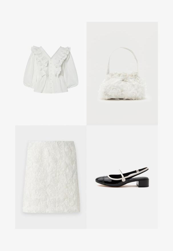 Blusa blanca con un escote en V profundo, mangas abullonadas y detalles de volantes en la parte delantera. Hecha de algodón, con cierre de botones y acentos texturizados.; Mini falda blanca con superficie texturizada y patrones florales en relieve que se asemejan a rosas, hecha de tela ligera.; Zapato slingback de charol negro con tira y ribetes blancos, tacón bajo de bloque y diseño de punta redonda sobre fondo blanco.; Pequeño bolso blanco con rosas de tela que cubren su cuerpo y una delgada correa única como asa, sobre un fondo liso.