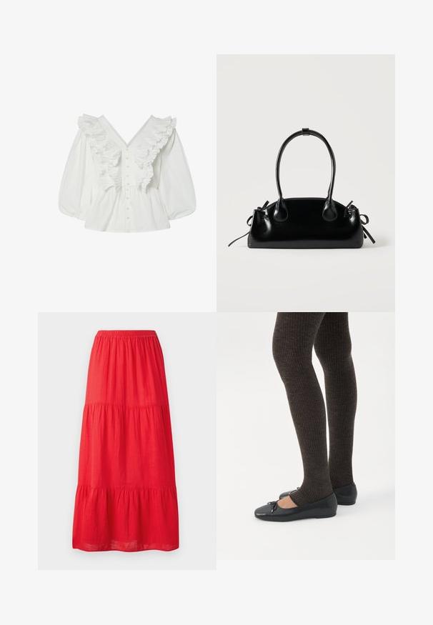 Witte blouse met een diepe V-hals, pofmouwen en geribbelde voorkant. Gemaakt van katoen met knoopsluiting en gestructureerde accenten.; Rode katoenen maxi rok met een elastische tailleband, voorzien van drie gelaagde ruches en een gladde textuur. Eenvoudig ontwerp zonder zichtbare patronen.; Benen met donkere geribbelde leggings gecombineerd met zwarte ballerina's met kleine strikdetails op een witte achtergrond.; Kleine zwarte glanzende handtas met twee lange hengsels en zijkant trekkoord details op een effen lichte achtergrond.