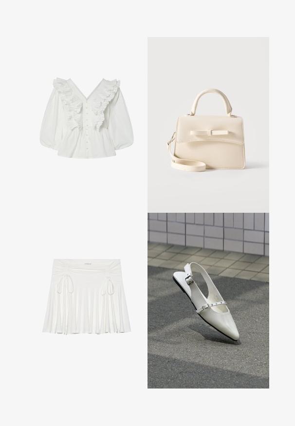 Chemisier blanc avec un décolleté en V profond, des manches bouffantes et des détails volantés à l'avant. Fabriqué en coton avec une fermeture à boutons et des accents texturés.; Jupe évasée blanche en tissu doux, avec des détails froncés sur les côtés et des liens ajustables, créant une silhouette fluide.; Chaussure plate slingback blanche pointue avec deux boucles argentées, présentée en extérieur sur un sol texturé et un mur carrelé en arrière-plan.; Petit sac à main beige avec poignée supérieure, bandoulière amovible, rabat avant et nœud horizontal décoratif sur un fond uni.