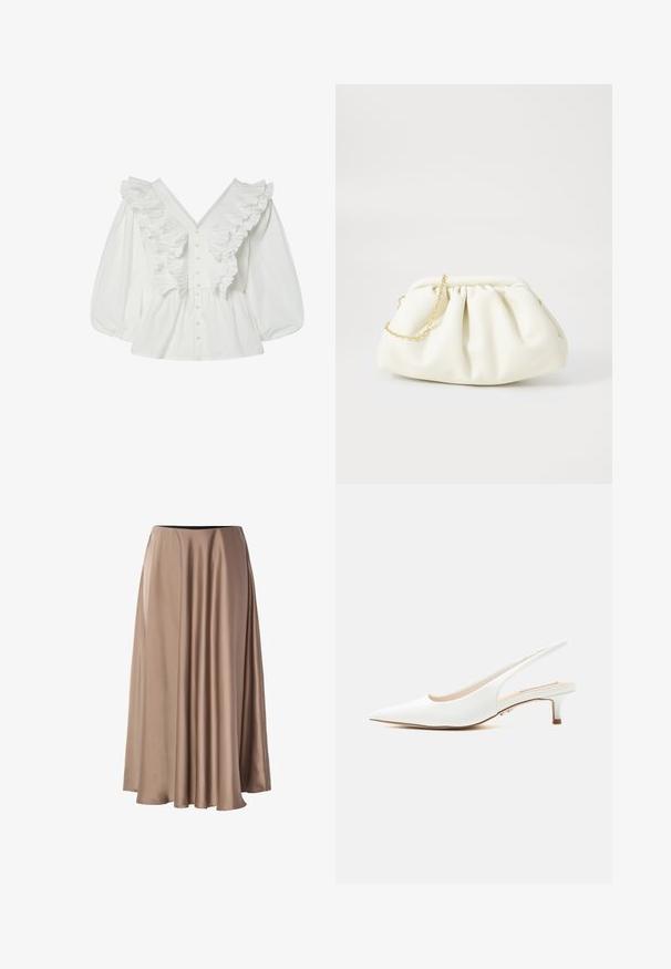 Blusa blanca con un escote en V profundo, mangas abullonadas y detalles de volantes en la parte delantera. Hecha de algodón, con cierre de botones y acentos texturizados.; Larga falda en línea A hecha de una tela suave y brillante en un color beige claro. Presenta una cintura elástica y un diseño drapeado y fluido.; Zapato slingback de cuero blanco con punta afilada y tacón bajo tipo kitten sobre un fondo claro y liso.; Bolso de mano de cuero blanco con un diseño recogido, cuenta con una cadena dorada y forma redondeada. Textura suave con pliegues suaves y sin patrones.