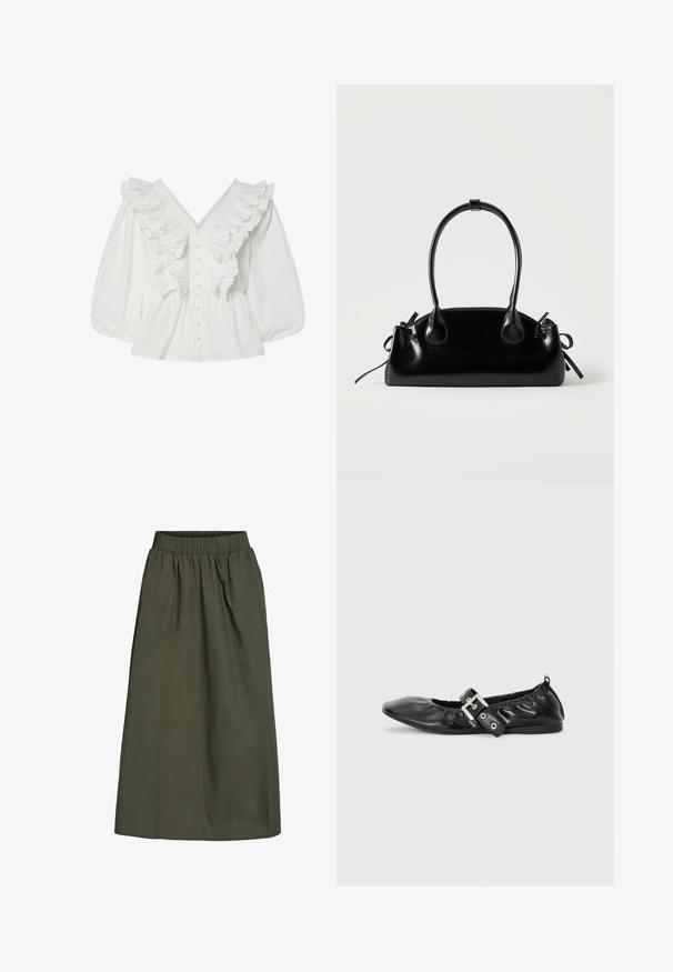 Chemisier blanc avec un décolleté en V profond, des manches bouffantes et des détails volantés à l'avant. Fabriqué en coton avec une fermeture à boutons et des accents texturés.; Jupe olive, longueur cheville avec taille élastique froncée et une texture de tissu lisse, légèrement froissée.; Chaussure plate en cuir noir avec un nez pointu, des détails froncés autour de l'ouverture et un accent en boucle argentée sur la bride ajustable.; Petit sac à main noir brillant avec deux longues anses et des détails à cordon sur les côtés sur un fond clair uni.